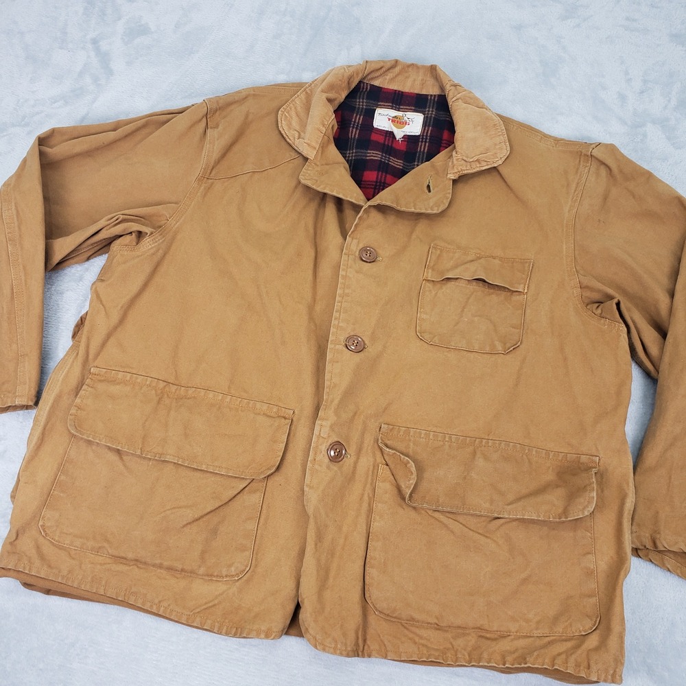 Vintage Trigg Men XL 2XL Tan Canvas Chore Jacket Plaid Lined Corduroy Collar